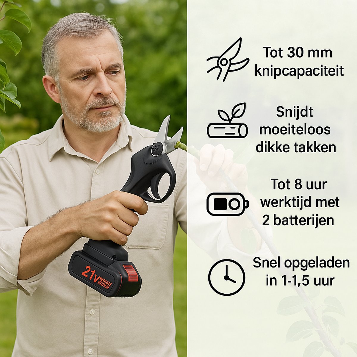 Elektrische Snoeischaar - Professioneel - Accu Snoeischaar - 2 Accu's - Tuinieren - Tuinschaar - 30mm